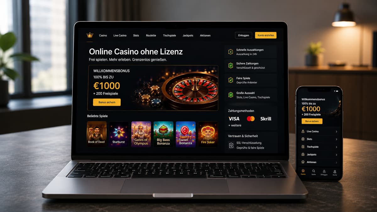Frontales Laptop-Setup in moderner, minimalistischer Umgebung mit realistischer Online-Casino-Oberfläche „Online Casino ohne Lizenz“ und Smartphone auf der rechten Seite in warmer Premium-Beleuchtung.